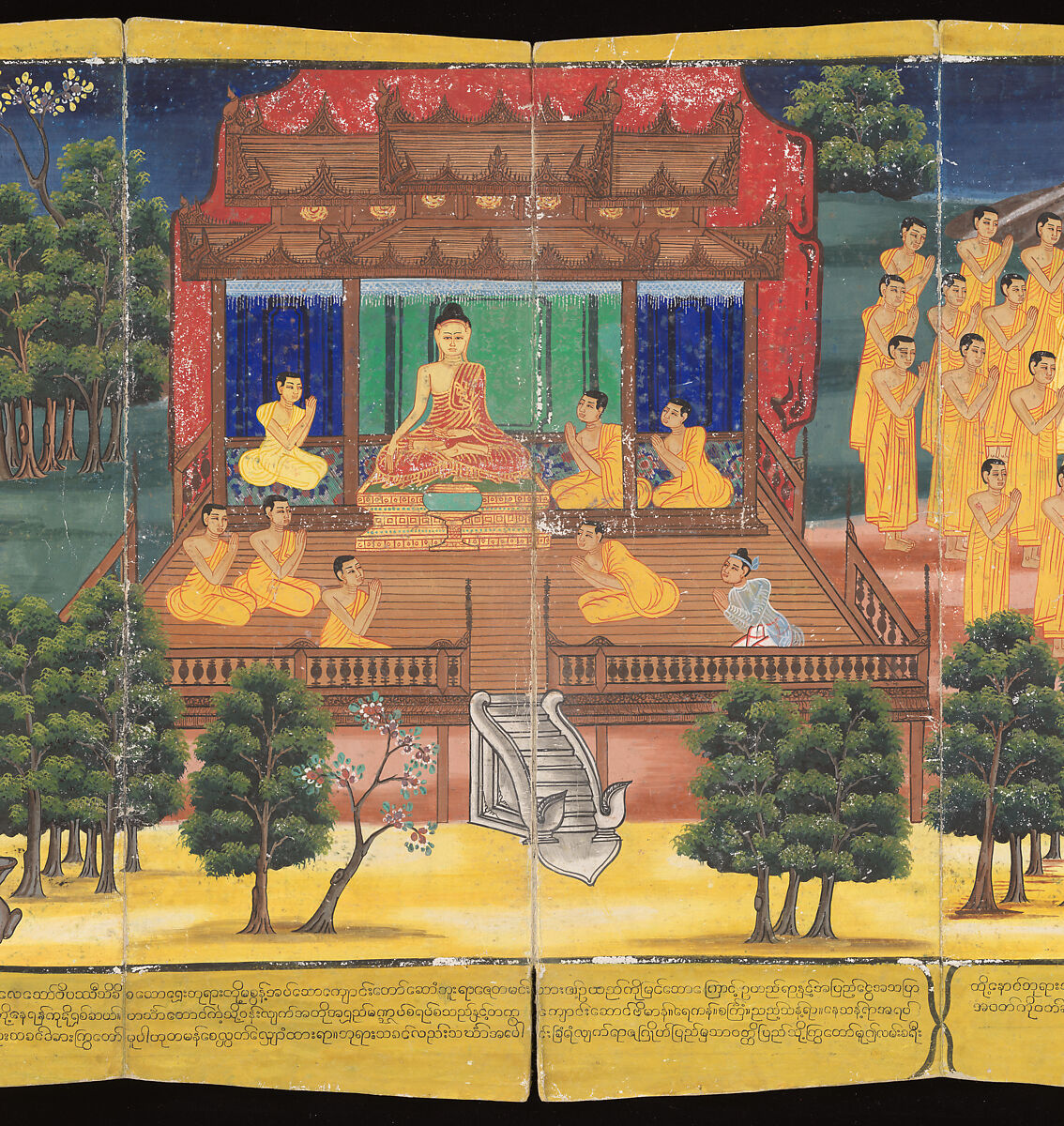 Scenes from Life of the Buddha, Court of King Mindon (Burmese, r. 1853–78), Accordion-fold album (Burmese: parabaik), watercolors, ink and gold on mulberry bark paper, with tooled leather boards, Myanmar (Burma), Mandalay