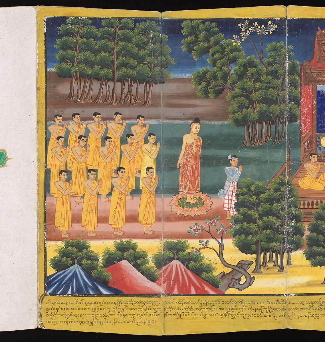 Scenes from Life of the Buddha, Court of King Mindon (Burmese, r. 1853–78), Accordion-fold album (Burmese: parabaik), watercolors, ink and gold on mulberry bark paper, with tooled leather boards, Myanmar (Burma), Mandalay