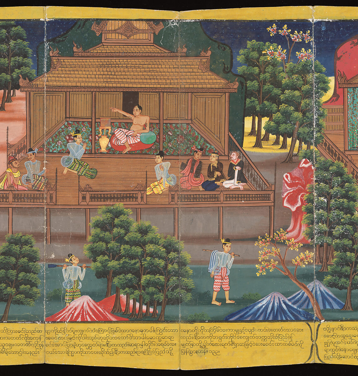 Scenes from Life of the Buddha, Court of King Mindon (Burmese, r. 1853–78), Accordion-fold album (Burmese: parabaik), watercolors, ink and gold on mulberry bark paper, with tooled leather boards, Myanmar (Burma), Mandalay