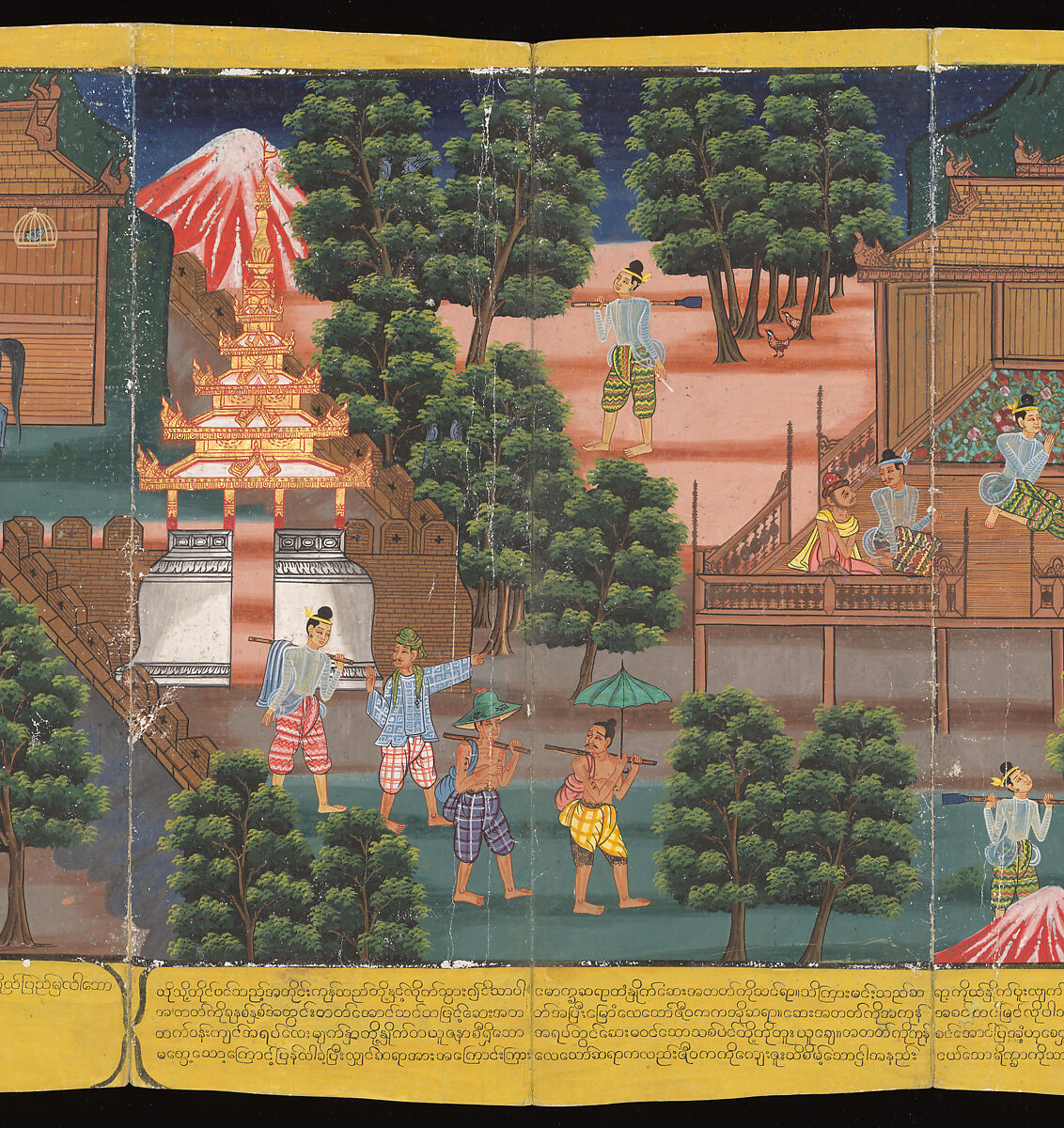 Scenes from Life of the Buddha, Court of King Mindon (Burmese, r. 1853–78), Accordion-fold album (Burmese: parabaik), watercolors, ink and gold on mulberry bark paper, with tooled leather boards, Myanmar (Burma), Mandalay
