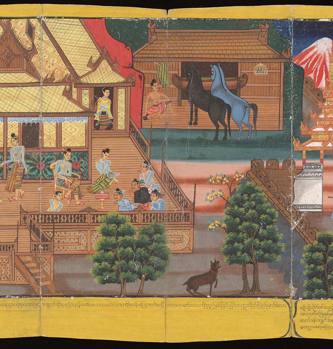 Scenes from Life of the Buddha, Court of King Mindon (Burmese, r. 1853–78), Accordion-fold album (Burmese: parabaik), watercolors, ink and gold on mulberry bark paper, with tooled leather boards, Myanmar (Burma), Mandalay