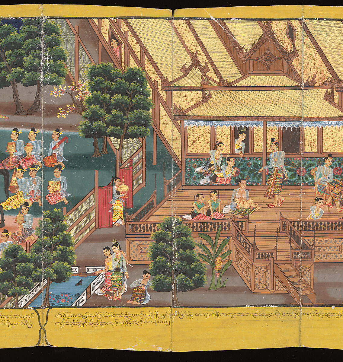 Scenes from Life of the Buddha, Court of King Mindon (Burmese, r. 1853–78), Accordion-fold album (Burmese: parabaik), watercolors, ink and gold on mulberry bark paper, with tooled leather boards, Myanmar (Burma), Mandalay