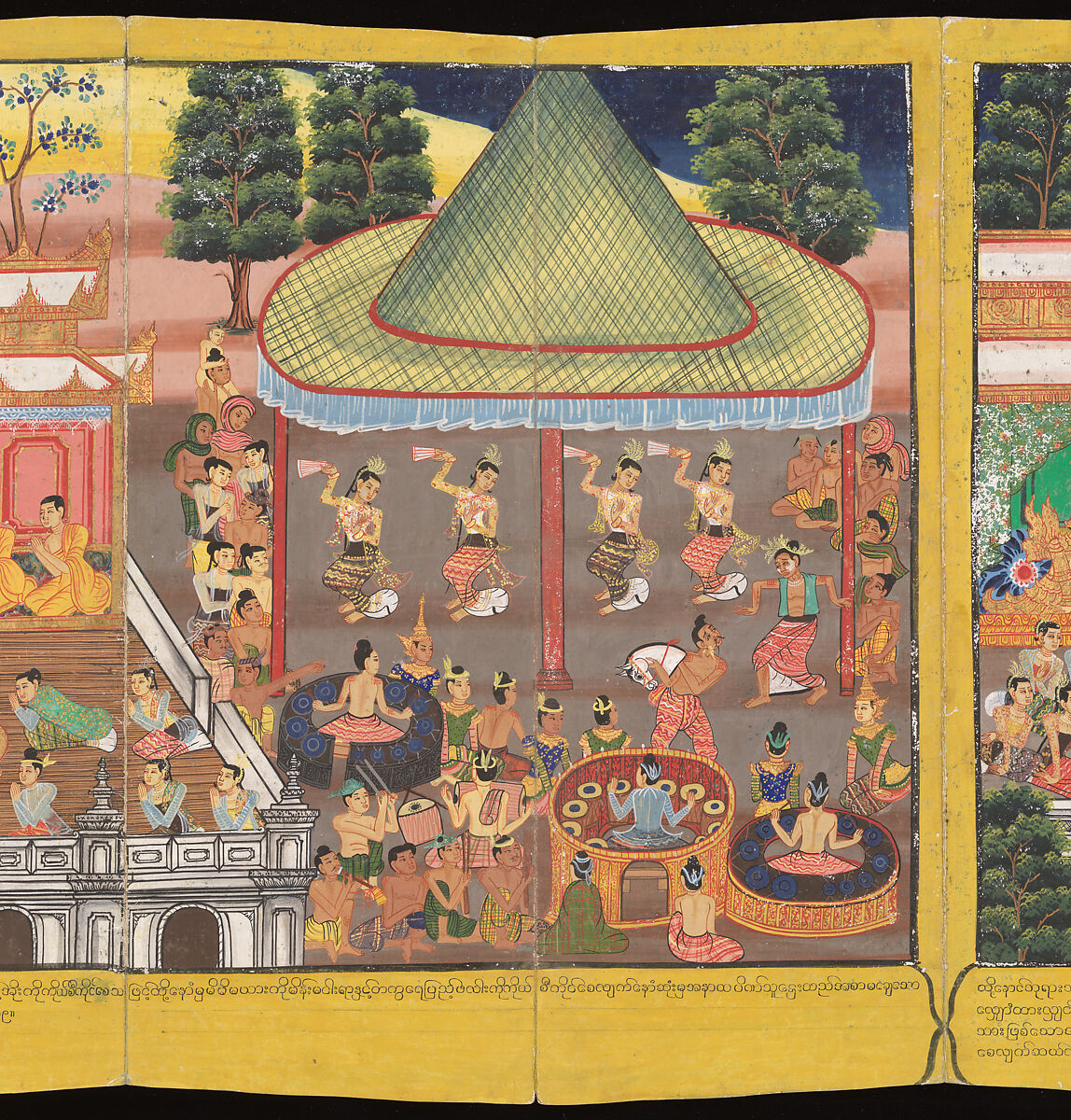 Scenes from Life of the Buddha, Court of King Mindon (Burmese, r. 1853–78), Accordion-fold album (Burmese: parabaik), watercolors, ink and gold on mulberry bark paper, with tooled leather boards, Myanmar (Burma), Mandalay