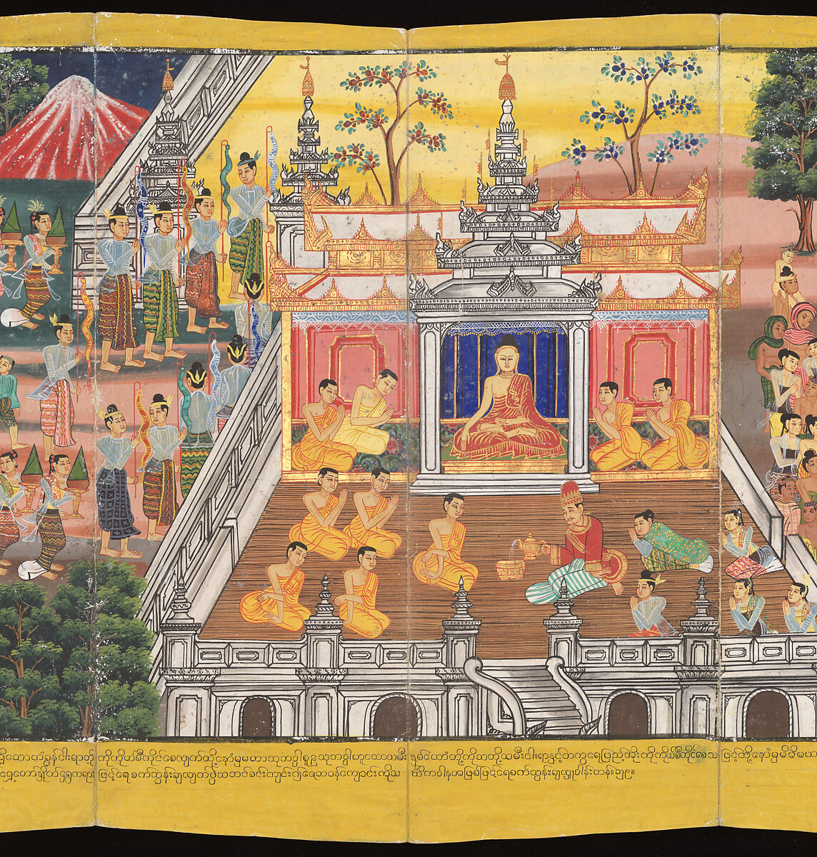 Scenes from Life of the Buddha, Court of King Mindon (Burmese, r. 1853–78), Accordion-fold album (Burmese: parabaik), watercolors, ink and gold on mulberry bark paper, with tooled leather boards, Myanmar (Burma), Mandalay