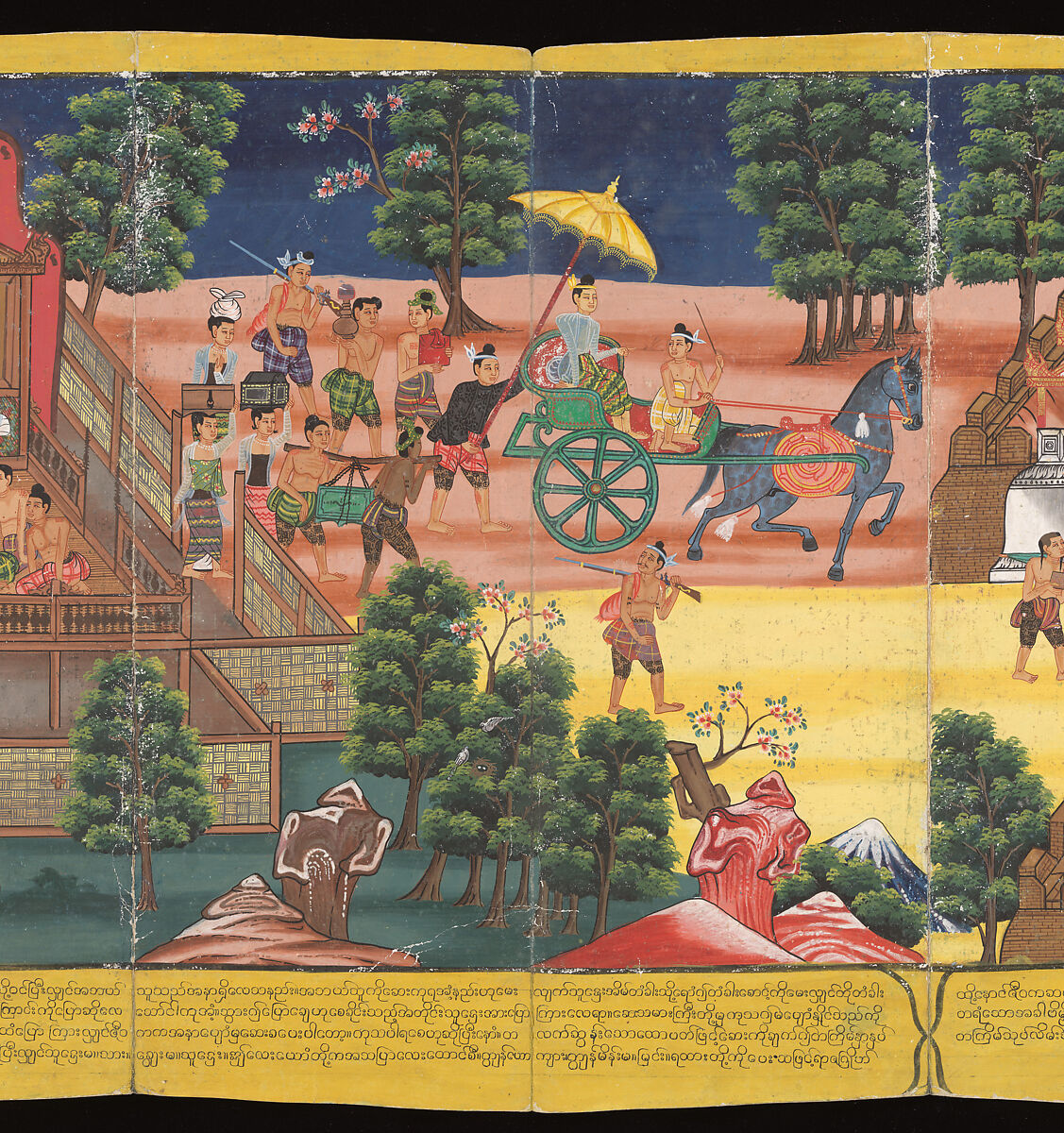 Scenes from Life of the Buddha, Court of King Mindon (Burmese, r. 1853–78), Accordion-fold album (Burmese: parabaik), watercolors, ink and gold on mulberry bark paper, with tooled leather boards, Myanmar (Burma), Mandalay