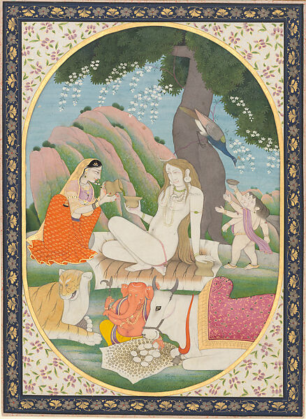 Shiva and Parvati and Their Children Skanda and Ganesha, Opaque watercolor on paper, India, Punjab Hills, Kingdom of Mandi or Kangra 