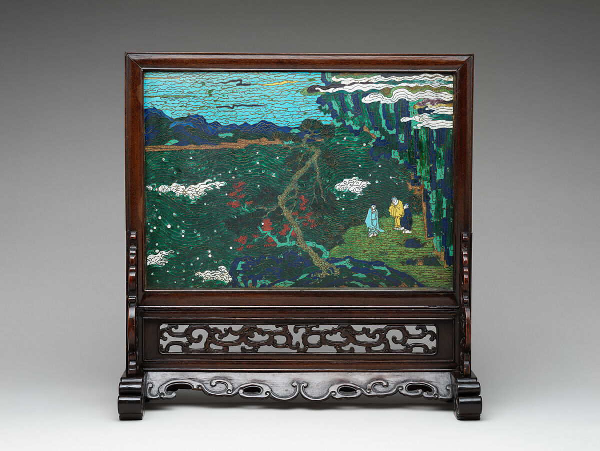 Table screen with landscape, Cloisonné enamel, wood frame and stand, China