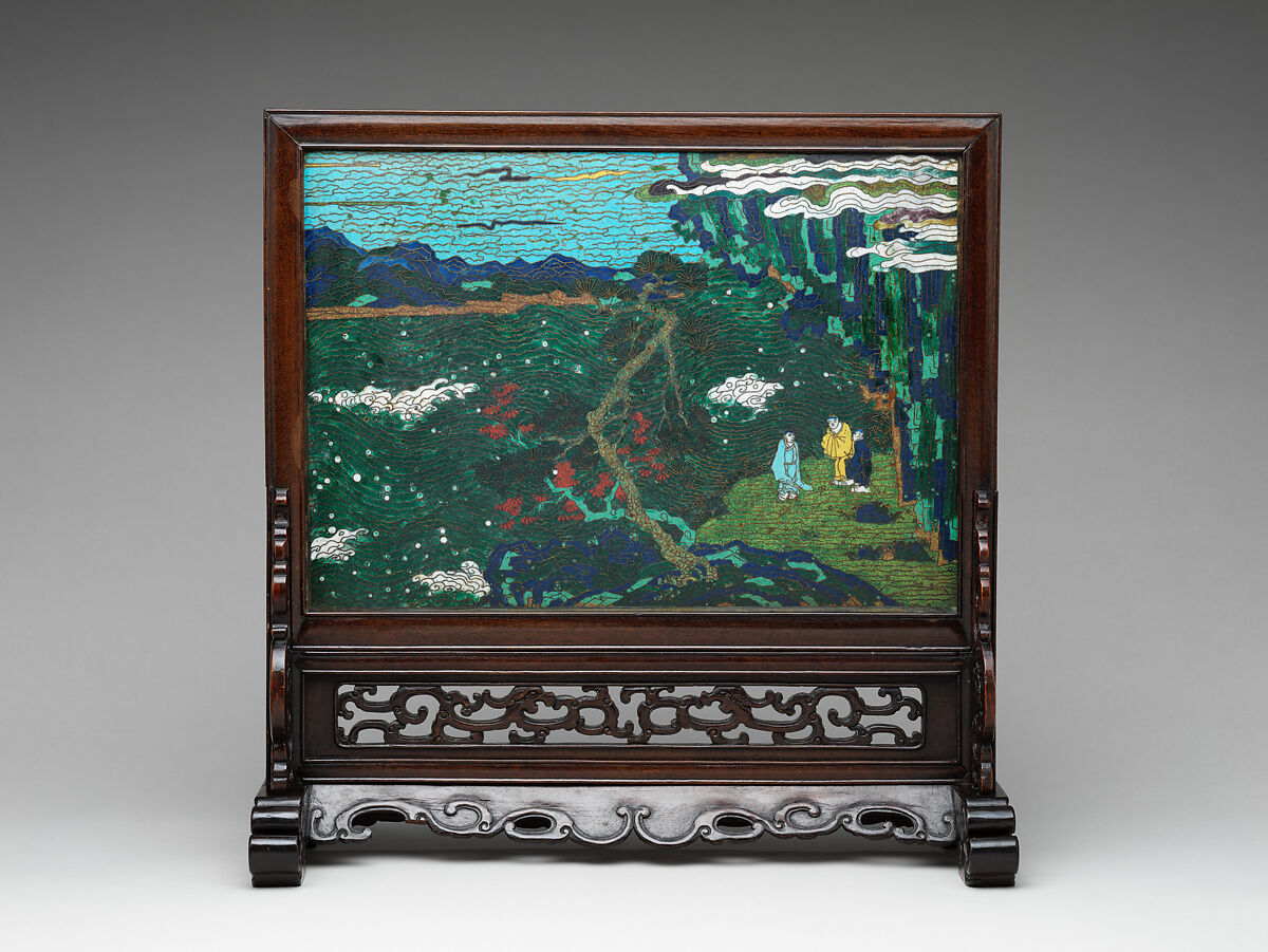 Table screen with landscape, Cloisonné enamel, wood frame and stand, China 