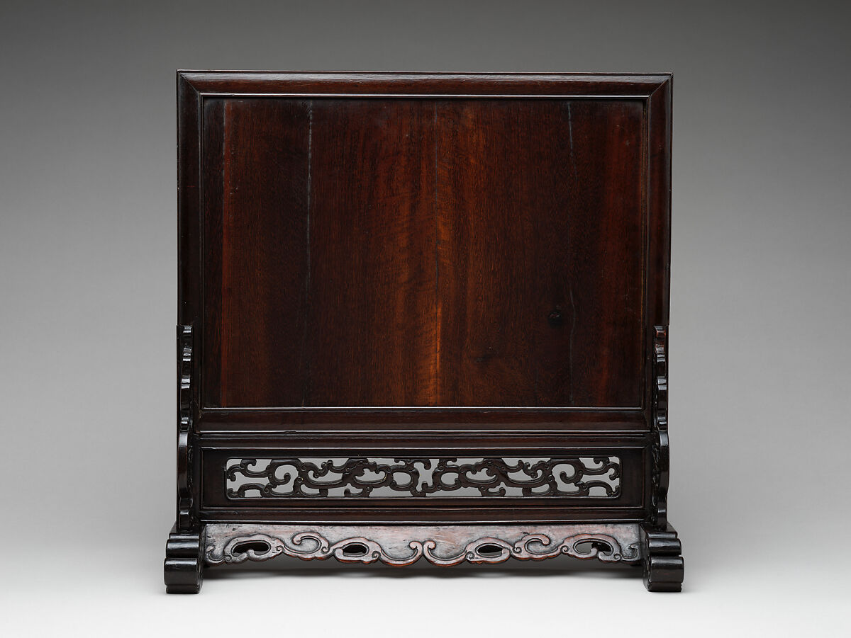 Table screen with landscape, Cloisonné enamel, wood frame and stand, China