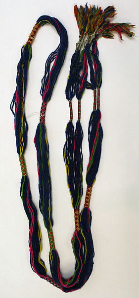 Wedding Ensemble, (a, b) Silk, metal wrapped thread; brocaded
(c) Wool, metal wrapped thread
(d, e) Leather, silk
(f) silver; filigreed