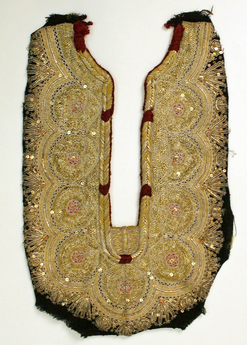 Plastron (Collar) from a Tunic, Metal wrapped thread, wool, glass; embroidered 