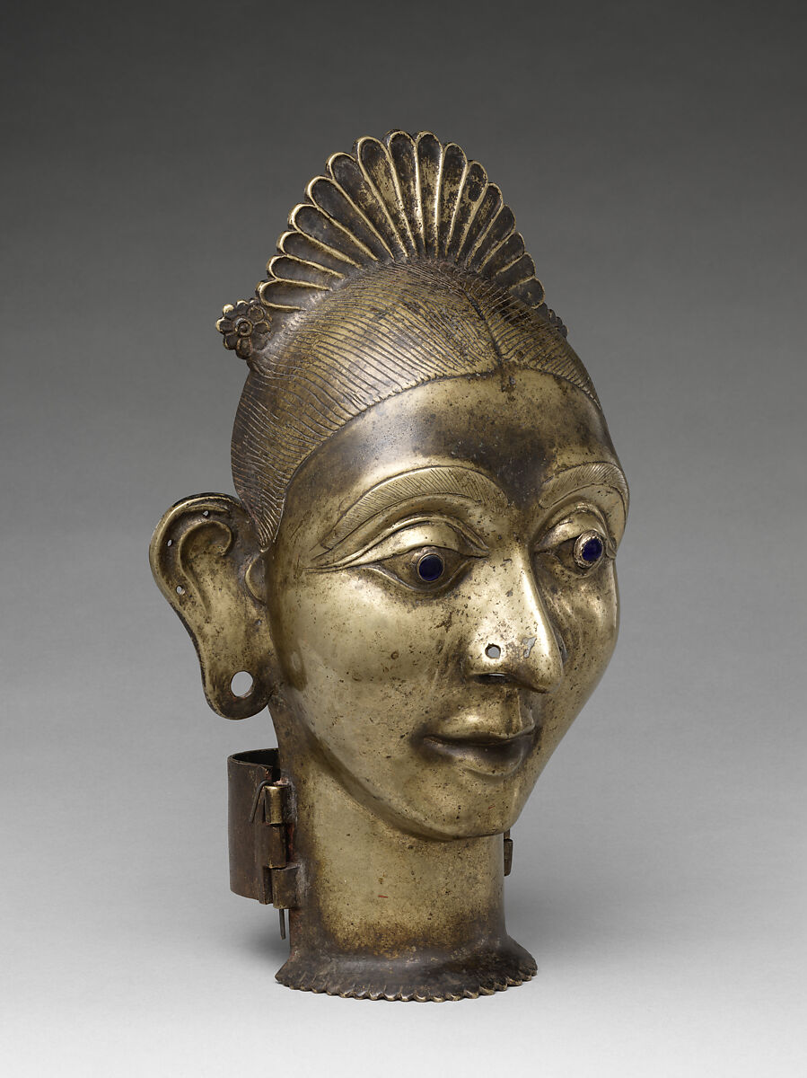 Processional image of the goddess Gauri, Brass with glass inlay and silver attachments, South India, Karnataka