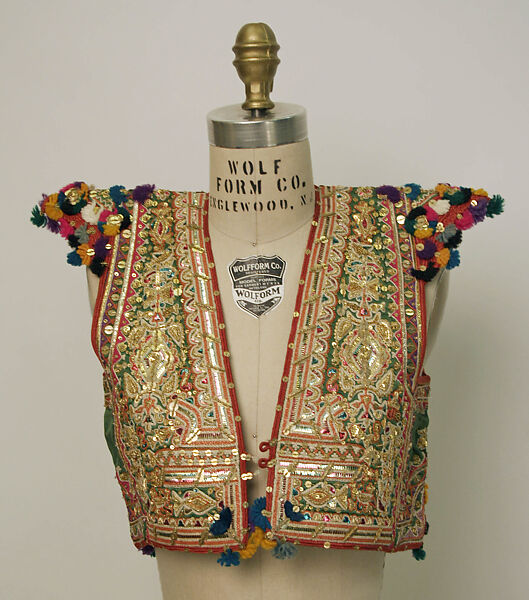 Vest, Silk, cotton, wool, metal wrapped thread; embroidered 