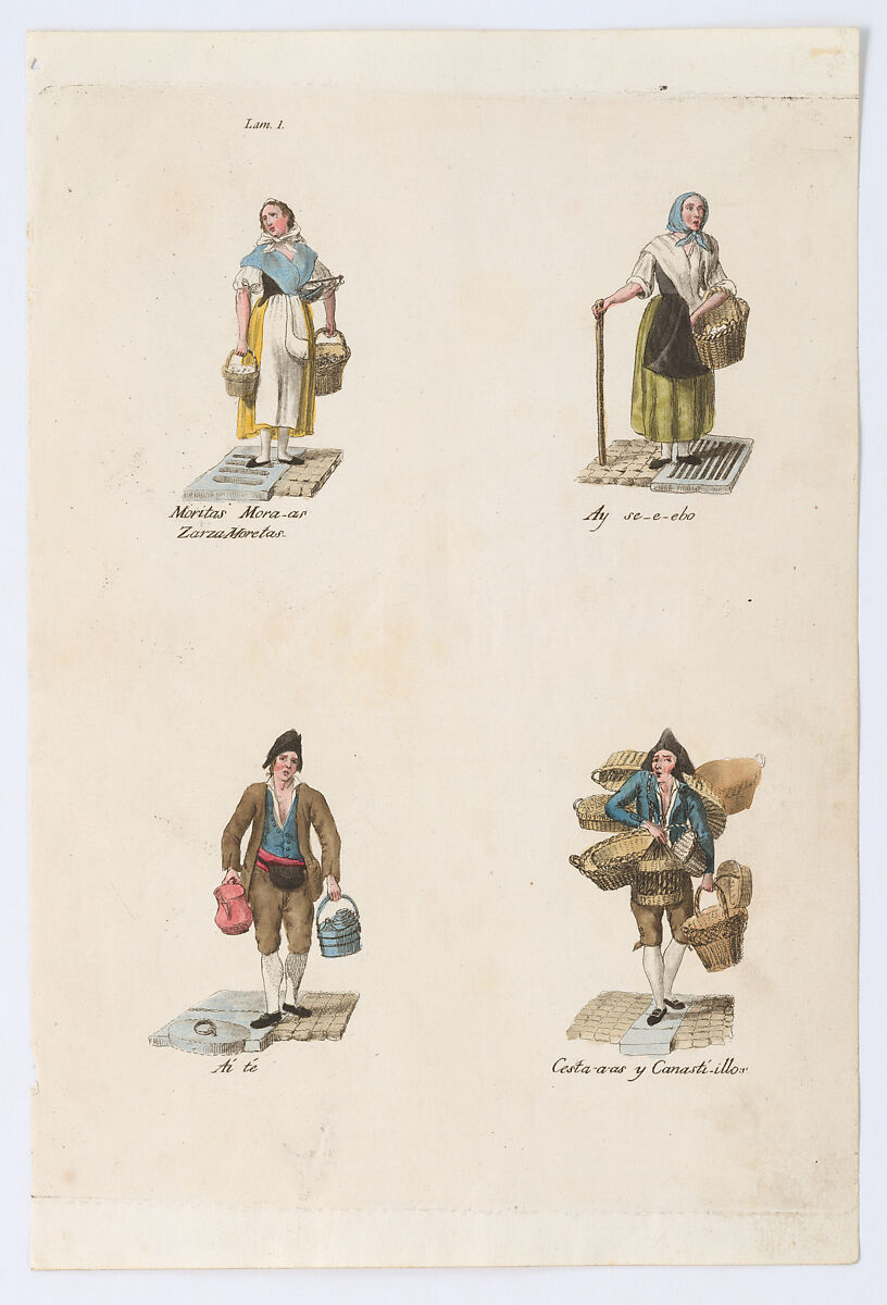 Plate 1: four street vendors from Madrid selling blueberries, onions, tea, and baskets, from 'Los Gritos de Madrid' (The Cries of Madrid), Miguel Gamborino (Spanish, Valencia 1760–1828 Madrid), Engraving with hand coloring 