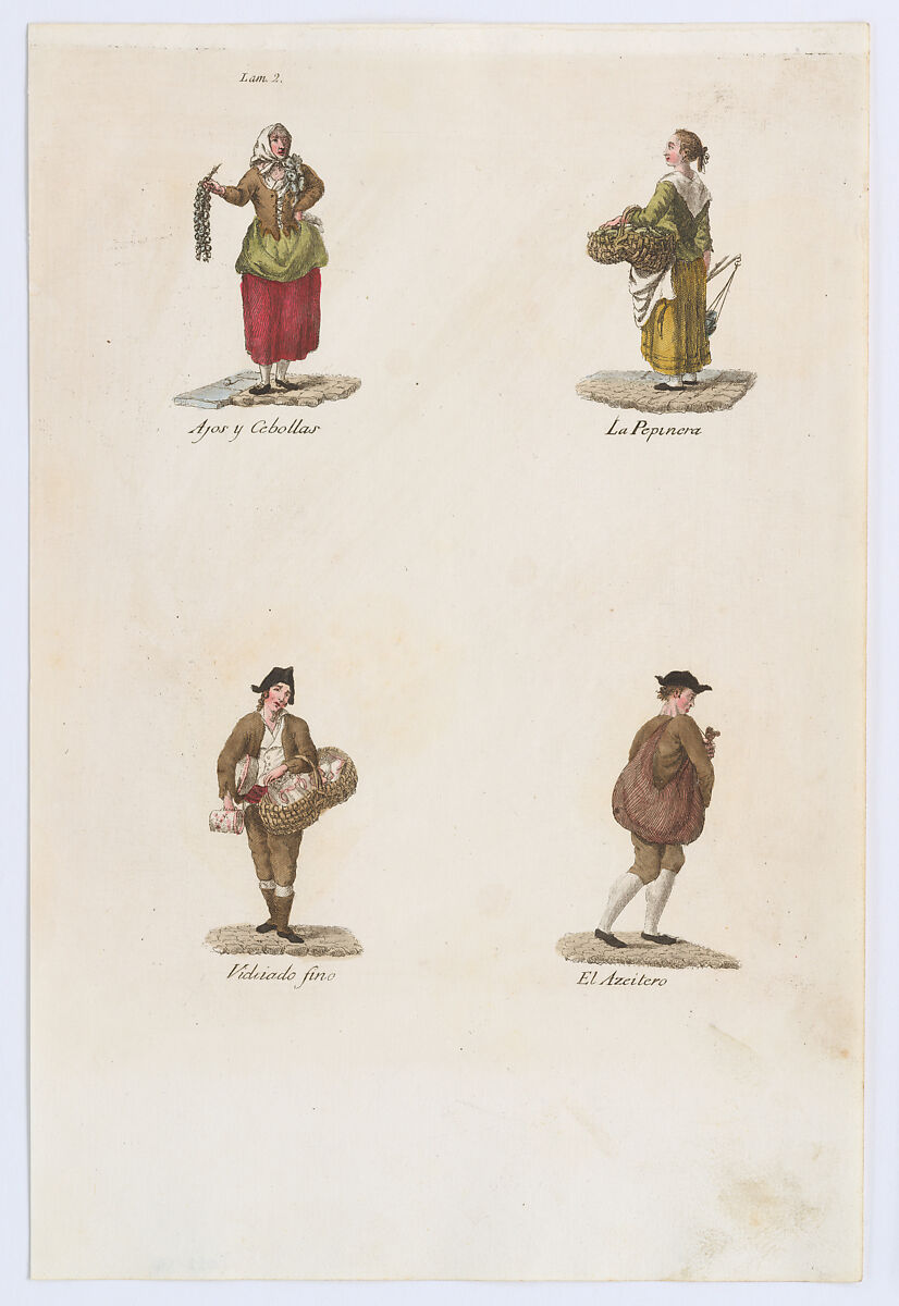 Plate 2: four street vendors from Madrid selling garlic and onions, cucumbers, fine crockery, oil, from 'Los Gritos de Madrid' (The Cries of Madrid), Miguel Gamborino (Spanish, Valencia 1760–1828 Madrid), Engraving with hand coloring 
