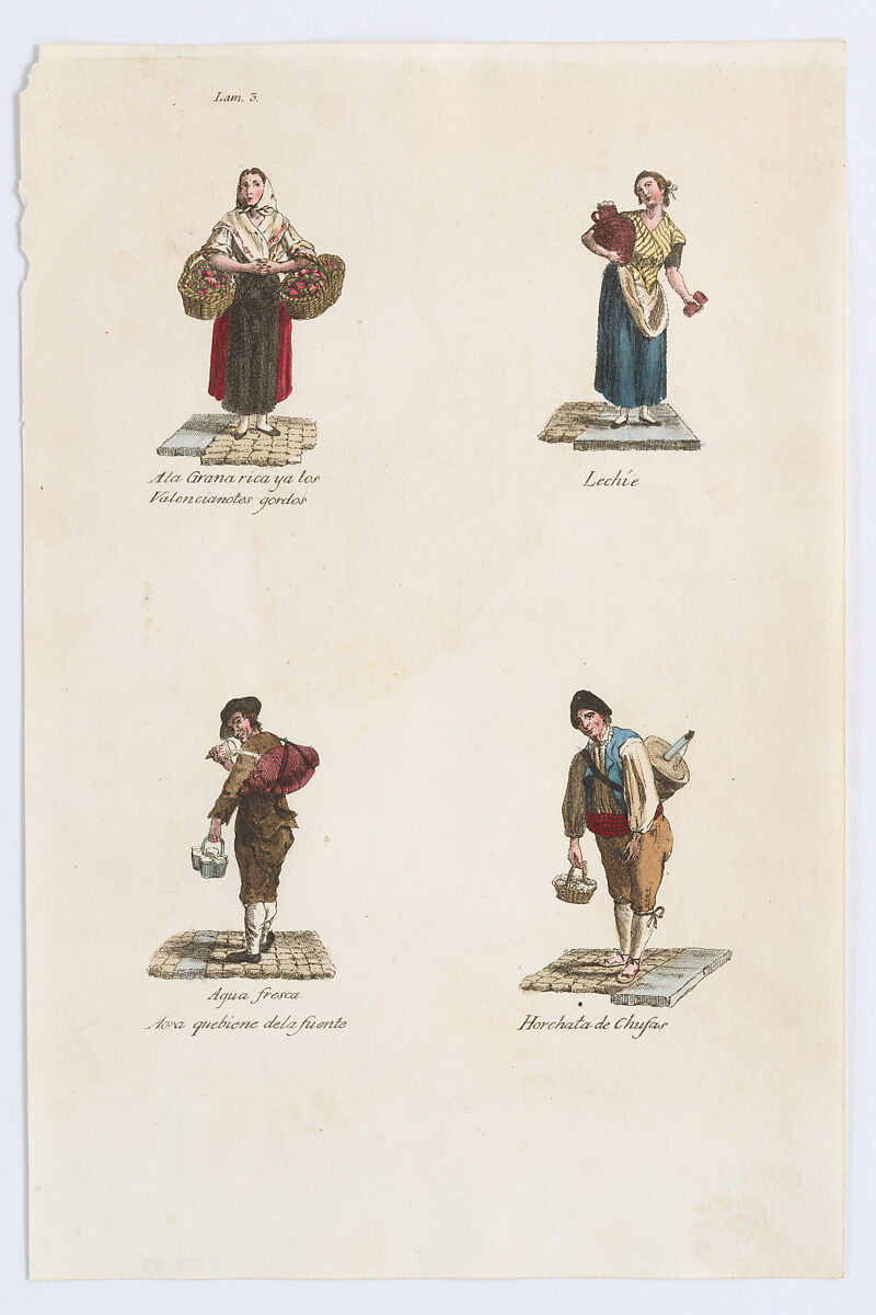 Plate 3: four street vendors from Madrid selling large tomatoes, milk, water, milk shakes, from 'Los Gritos de Madrid' (The Cries of Madrid), Miguel Gamborino  Spanish, Engraving with hand coloring