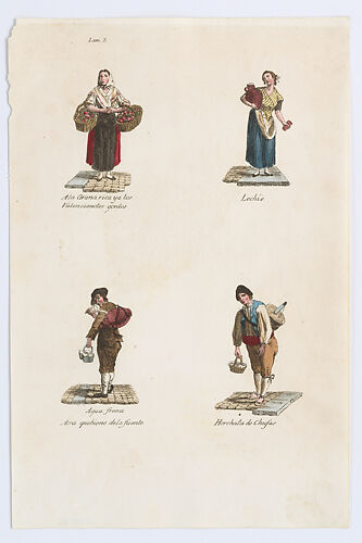 Plate 3: four street vendors from Madrid selling large tomatoes, milk, water, milk shakes, from 'Los Gritos de Madrid' (The Cries of Madrid)