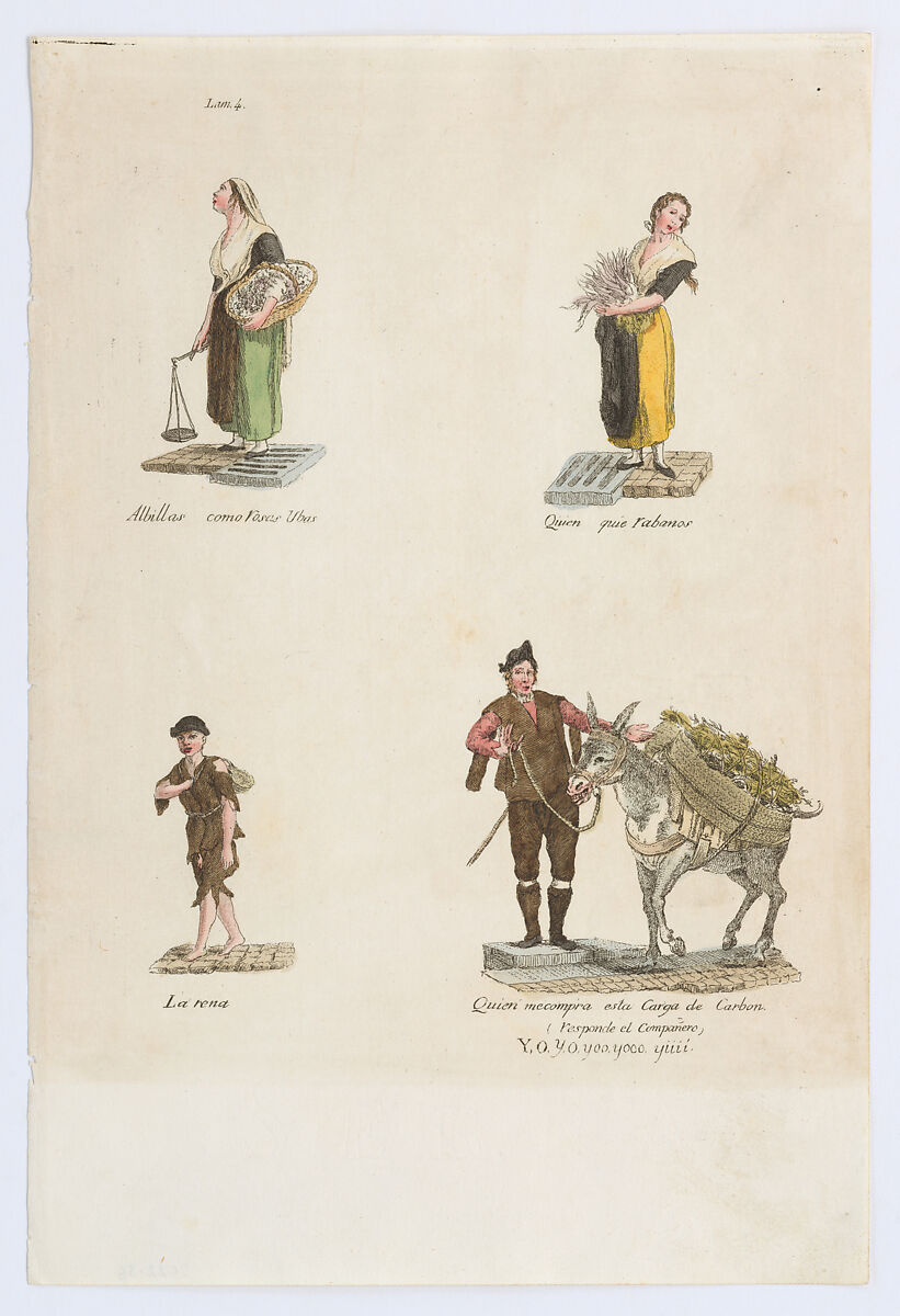 Plate 4: four street vendors from Madrid selling Albillas, radishes, carbon, from 'Los Gritos de Madrid' (The Cries of Madrid), Miguel Gamborino (Spanish, Valencia 1760–1828 Madrid), Engraving with hand coloring 