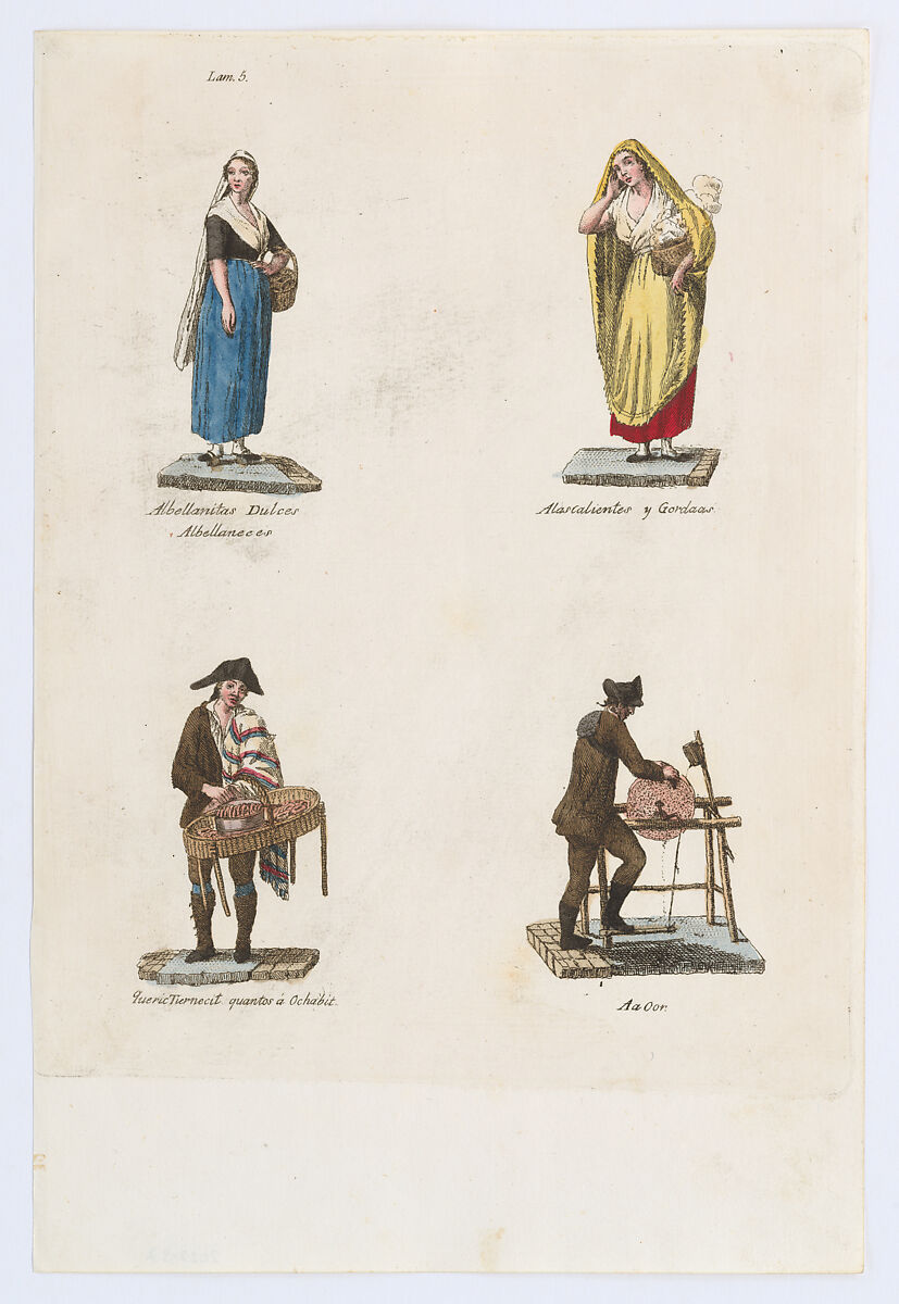 Plate 5: four street vendors from Madrid selling sweet albellanitas dulces, alacalienties, tender cuts and a knife grinder, from 'Los Gritos de Madrid' (The Cries of Madrid), Miguel Gamborino (Spanish, Valencia 1760–1828 Madrid), Engraving with hand coloring 
