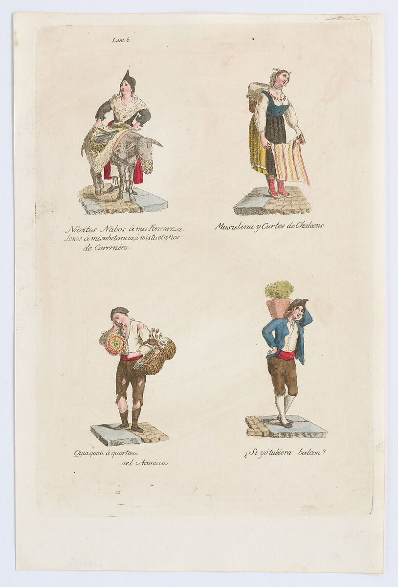 Plate 6: four street vendors from Madrid selling navitos, muslin, fans, plants, from 'Los Gritos de Madrid' (The Cries of Madrid), Miguel Gamborino (Spanish, Valencia 1760–1828 Madrid), Engraving with hand coloring 
