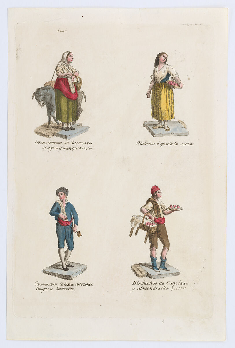 Plate 7: four street vendors from Madrid selling eggs(?), straweberries, containers, cinamon/almond flavored sweets, from 'Los Gritos de Madrid' (The Cries of Madrid), Miguel Gamborino (Spanish, Valencia 1760–1828 Madrid), Engraving with hand coloring 