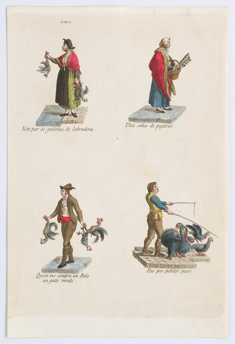 Plate 9: four street vendors from Madrid selling different kinds of birds (chicken, turkey, etc), from "Los Gritos de Madrid" (The Cries of Madrid), Miguel Gamborino  Spanish, Engraving with hand coloring