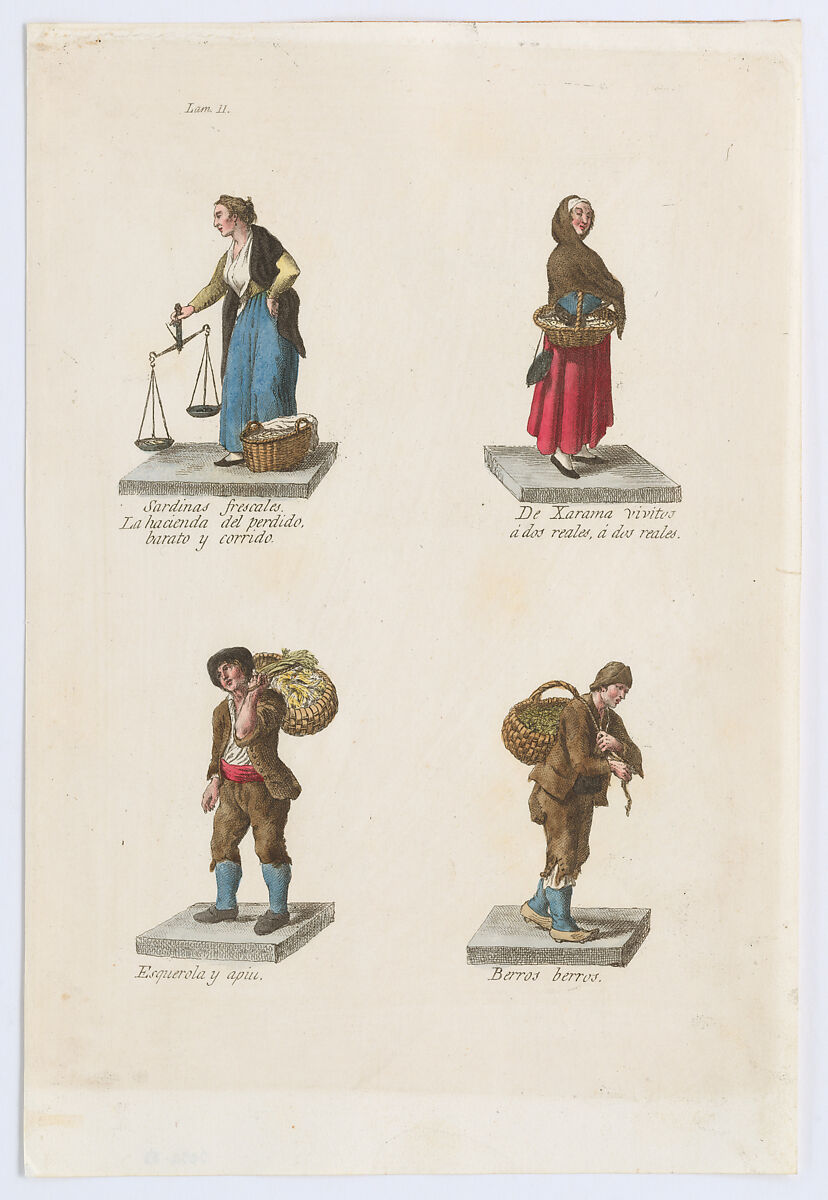 Plate 11: four street vendors from Madrid selling different kinds of fish, from 'Los Gritos de Madrid' (The Cries of Madrid), Miguel Gamborino (Spanish, Valencia 1760–1828 Madrid), Engraving with hand coloring 