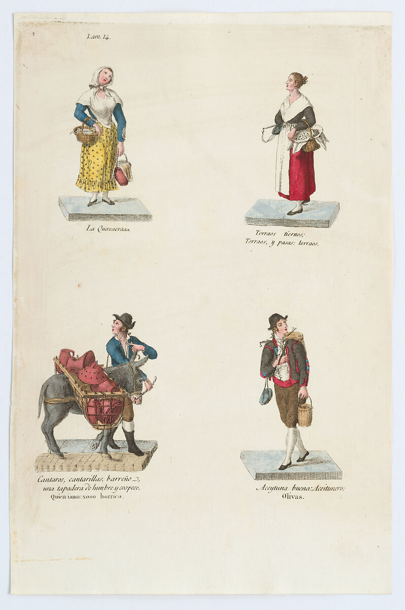 Plate 14: four street vendors from Madrid selling pots and pans, olives etc, from 'Los Gritos de Madrid' (The Cries of Madrid), Miguel Gamborino (Spanish, Valencia 1760–1828 Madrid), Engraving with hand coloring 