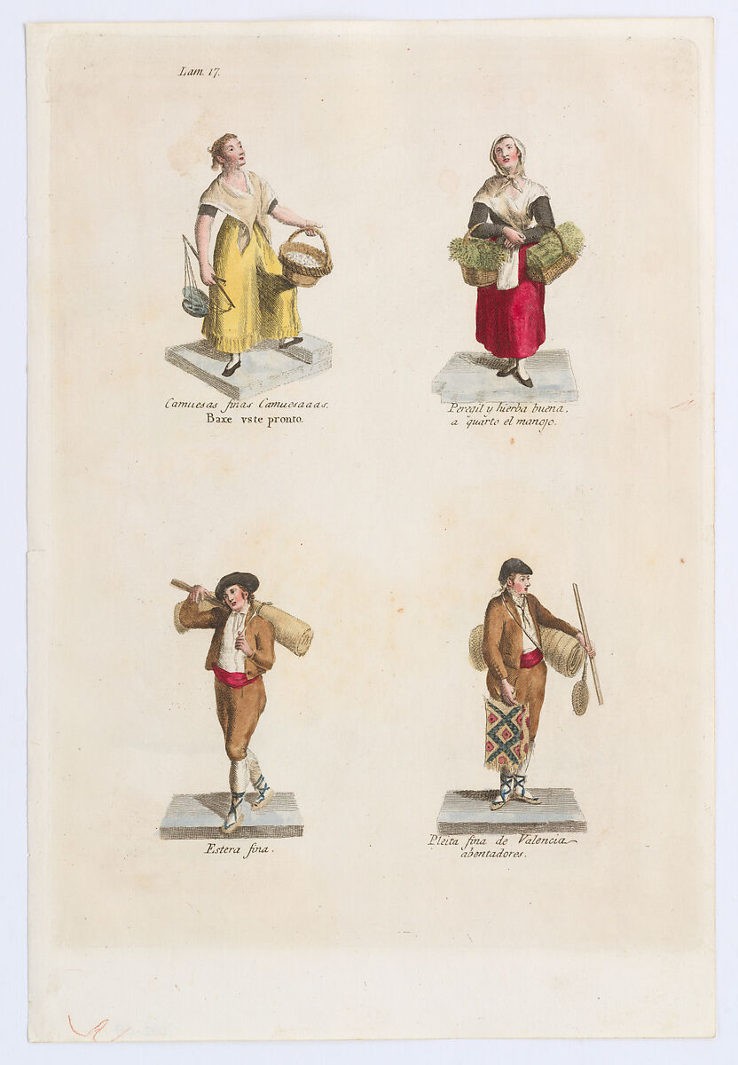 Plate 17: four street vendors from Madrid selling parsley, mats etc, from 'Los Gritos de Madrid' (The Cries of Madrid), Miguel Gamborino (Spanish, Valencia 1760–1828 Madrid), Engraving with hand coloring 