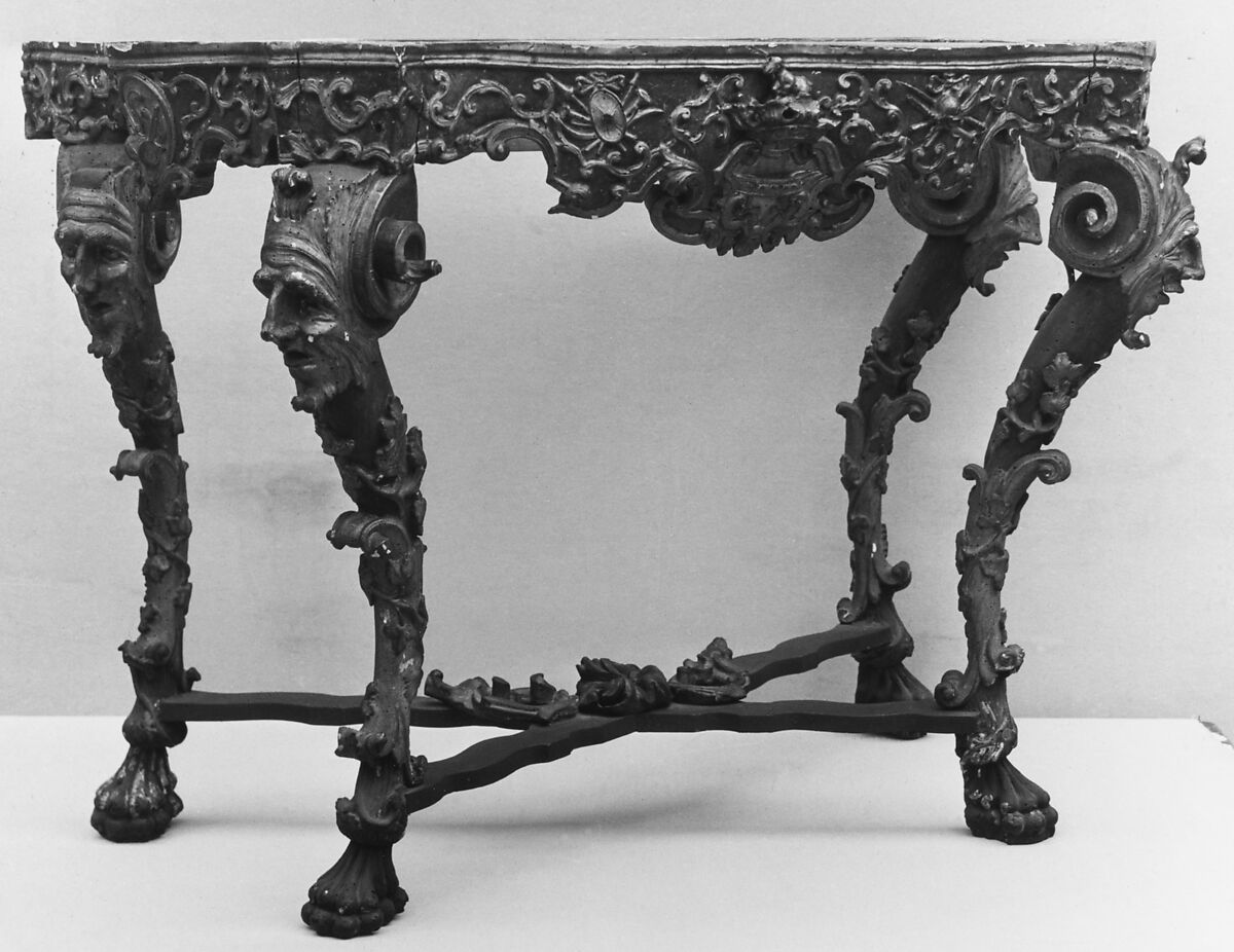 Console table (one of a pair), Wood, partly gilded and painted; marble, Italian, Venice