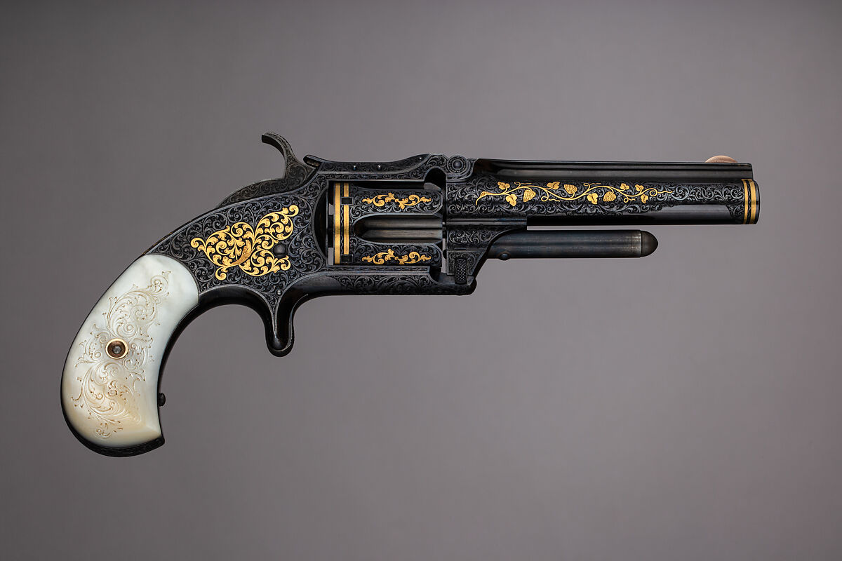 Smith & Wesson Model 1 ½ Second Issue Revolver (serial no. 30451) with Case, Smith &amp; Wesson (American, established 1852), Steel, silver, gold, mother of pearl, brass, wood, velvet, American