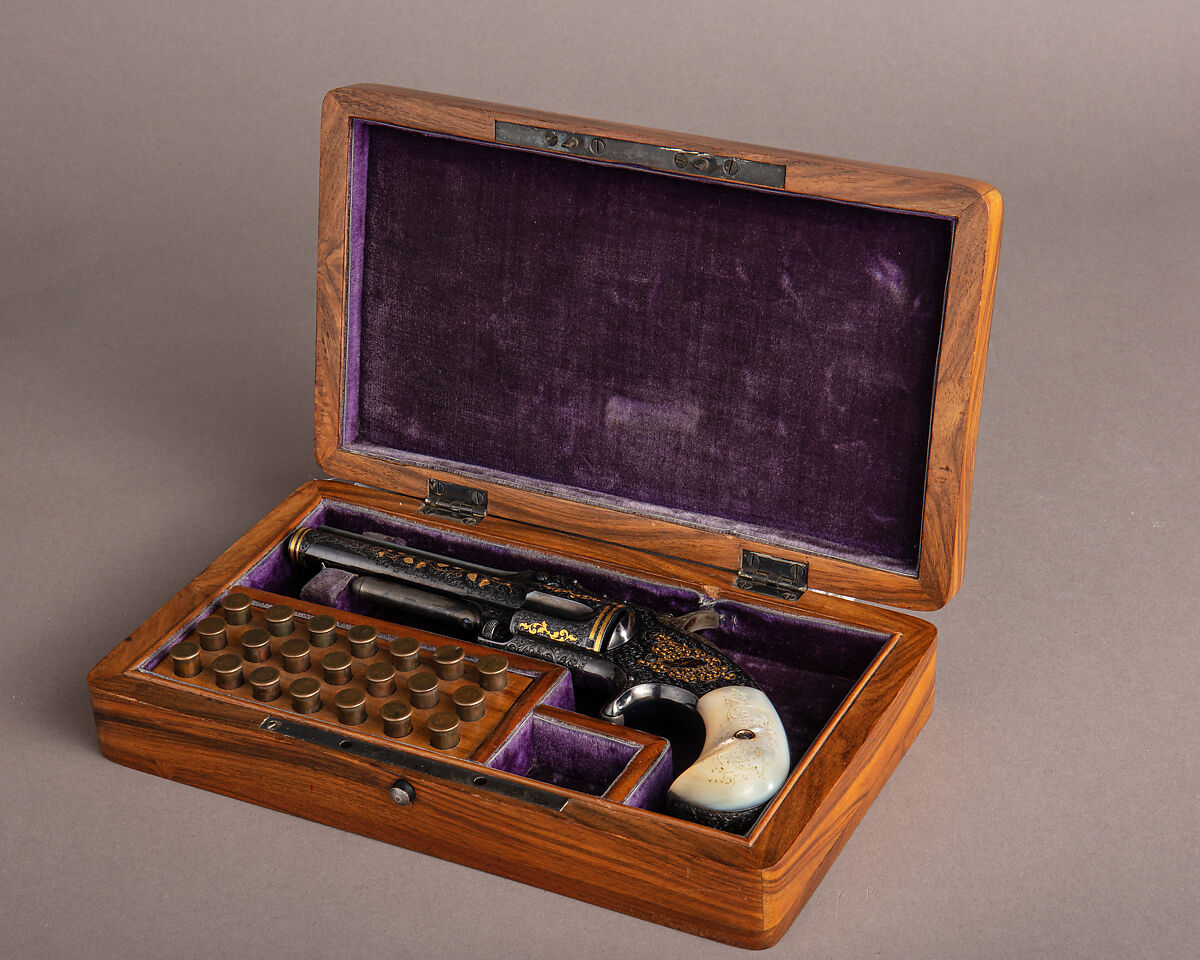 Smith & Wesson Model 1 ½ Second Issue Revolver (serial no. 30451) with Case, Smith &amp; Wesson (American, established 1852), Steel, silver, gold, mother of pearl, brass, wood, velvet, American