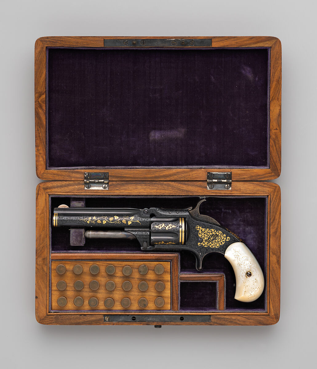 Smith & Wesson Model 1 ½ Second Issue Revolver (serial no. 30451) with Case, Smith &amp; Wesson (American, established 1852), Steel, silver, gold, mother of pearl, brass, wood, velvet, American
