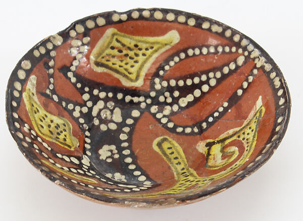 Glazed Ceramic Bowl with a Deer or Fantastic Quadruped, Earthenware; reddish slip with dark-brown, yellow, and white slip decoration, under transparent colorless glaze 
