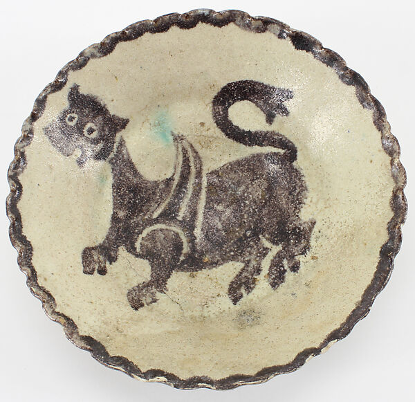 Bowl with Griffin or Other Winged Quadraped, Earthenware; cream slip with dark-brown decoration under transparent colorless glaze 