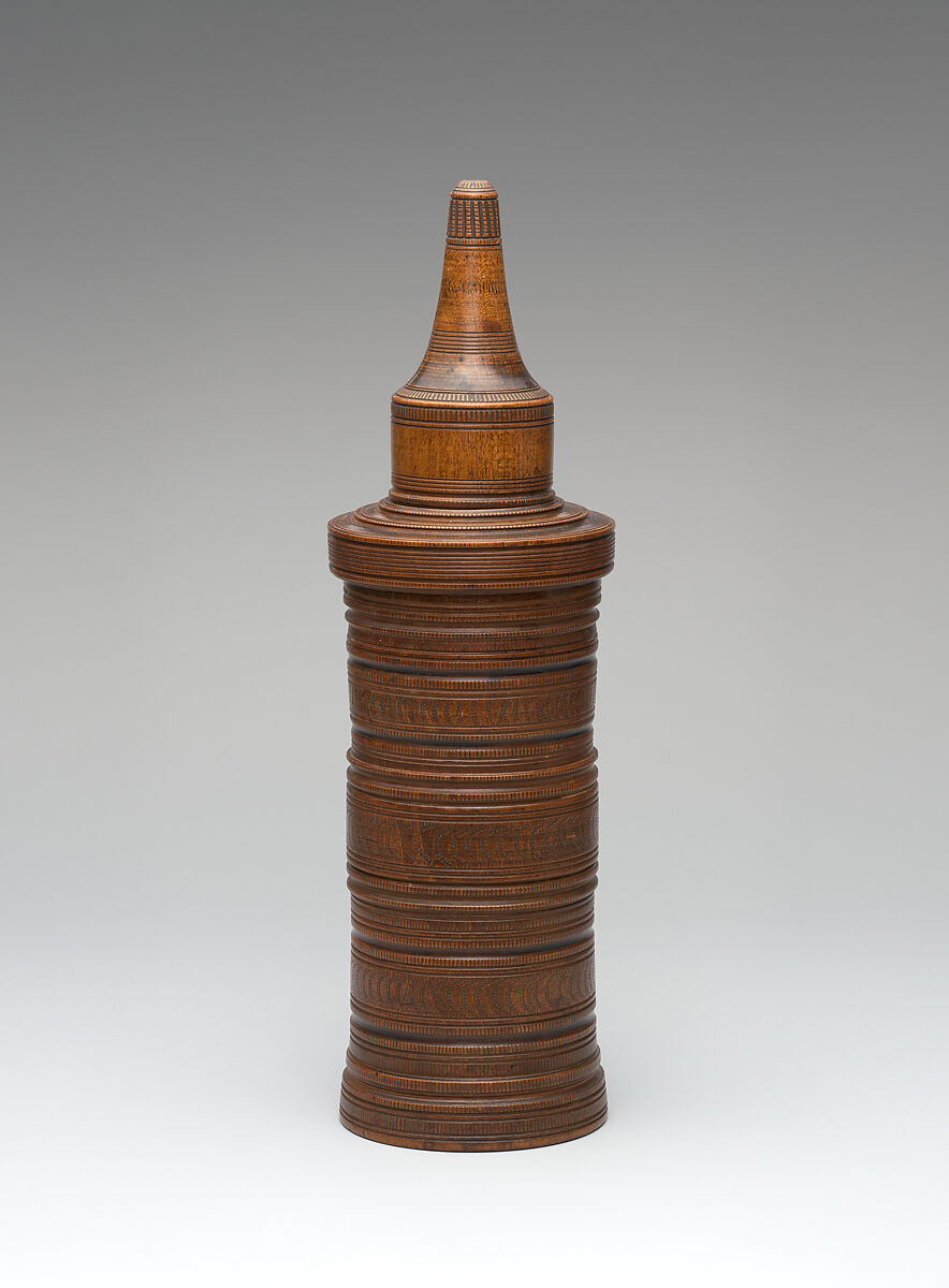 Turned cup and cover with inserts and original case, Unidentified turner, Berchtesgaden, Turned, carved, and stippled maple and plum, partly stained, German, Berchtesgaden