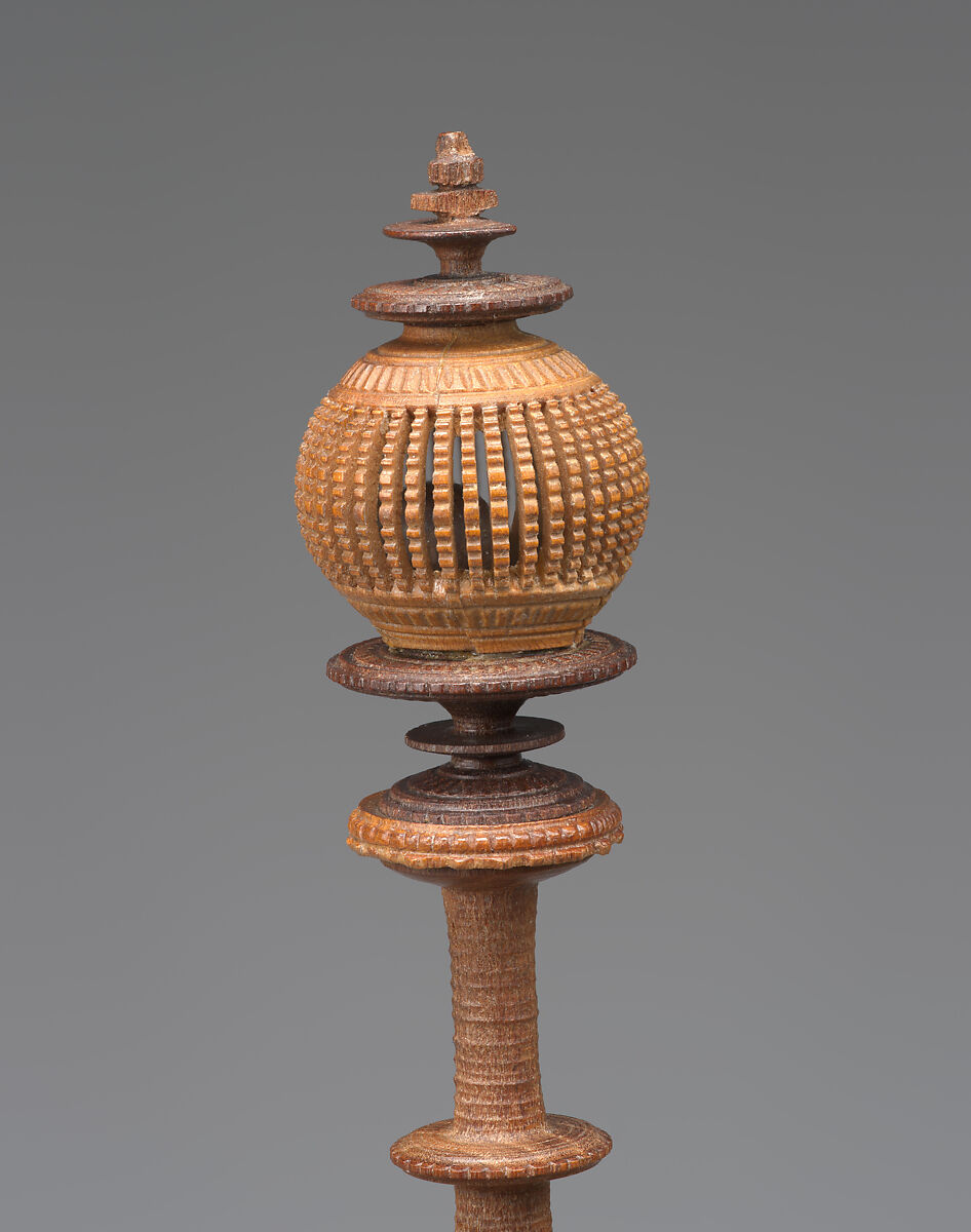 Turned cup and cover with inserts and original case, Unidentified turner, Berchtesgaden, Turned, carved, and stippled maple and plum, partly stained, German, Berchtesgaden