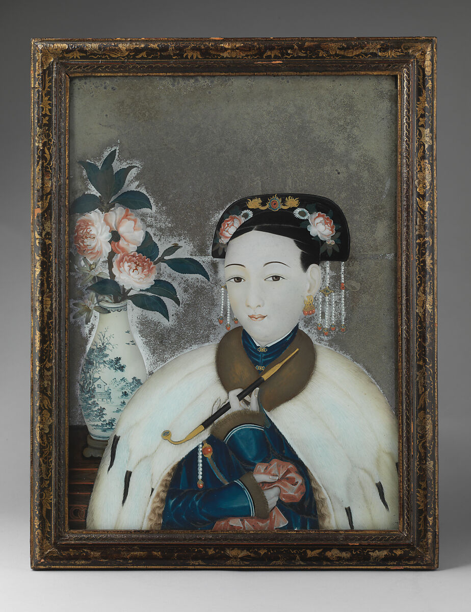 Woman with a pipe, Reverse-painted crown glass, imitation lacquer frame, Chinese, for the European market 