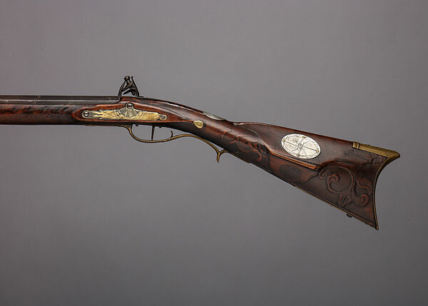 Flintlock Longrifle, Peter White (American, Uniontown, Pennsylvania ca. 1777–1834), Wood, iron, brass, silver, American, Uniontown, Pennsylvania