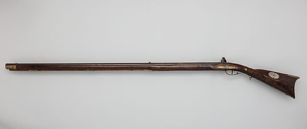 Flintlock Longrifle, Peter White (American, Uniontown, Pennsylvania ca. 1777–1834), Wood, iron, brass, silver, American, Uniontown, Pennsylvania