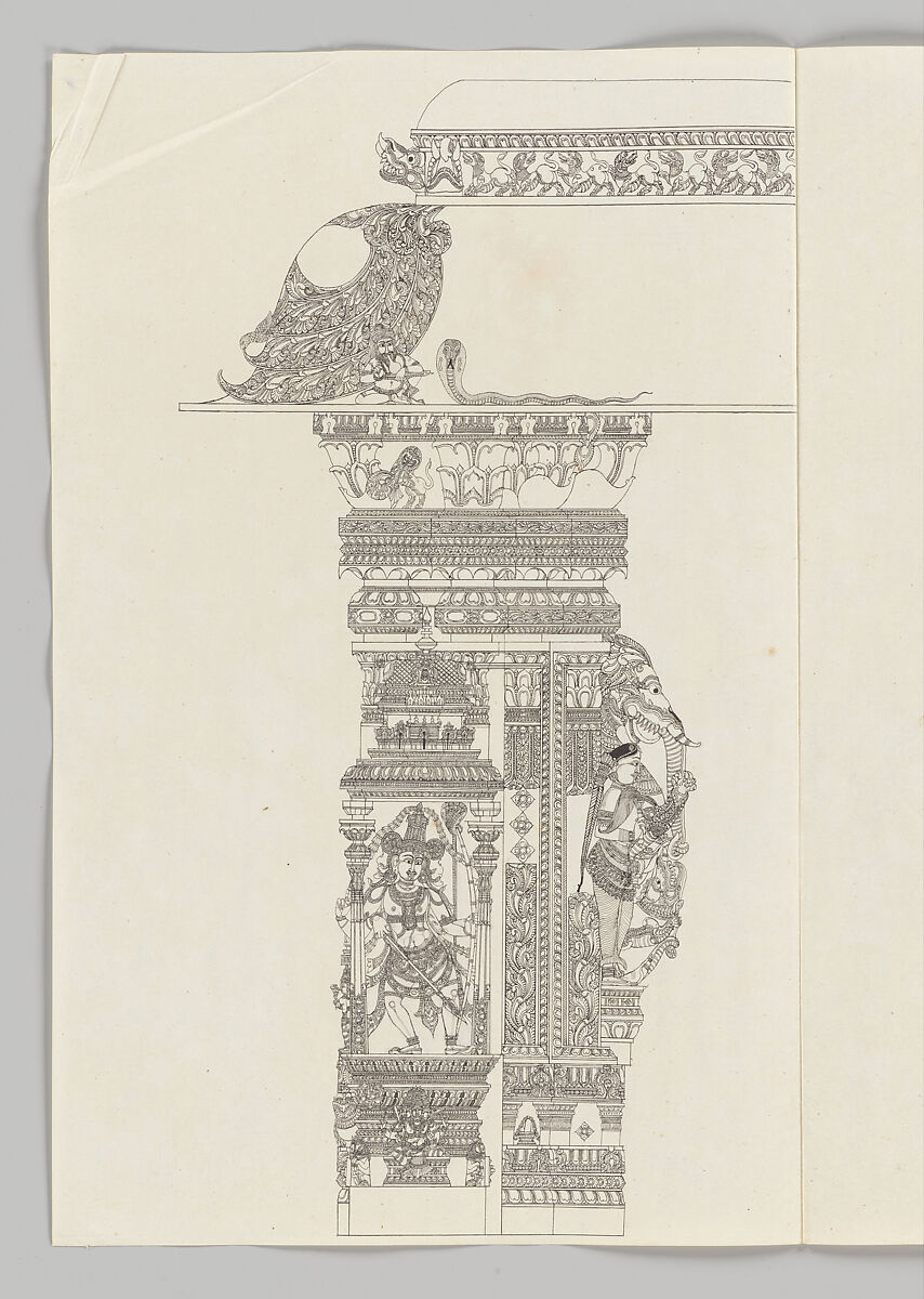 Shiva as Tripsurasamhara; woman holding a flywhisk; rearing yali, Unidentified artist, Indian, Ink and wash on J. Whatman paper watermarked 1798, India, Madurai, Tamil Nadu 