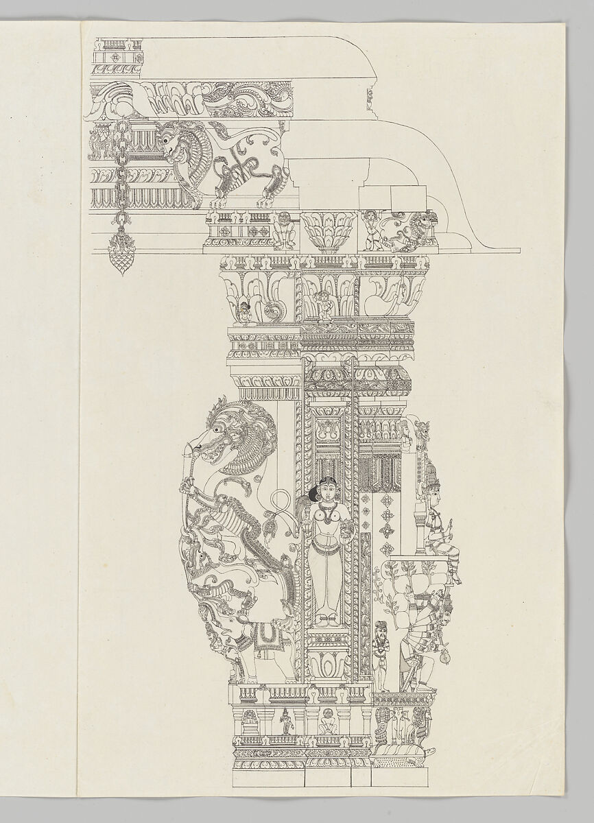 Shiva Ravananugrahamurti; woman holding a flywhisk; rearing yali, Unidentified artist, Indian, Ink and wash on J. Whatman paper watermarked 1798, India, Madurai, Tamil Nadu 