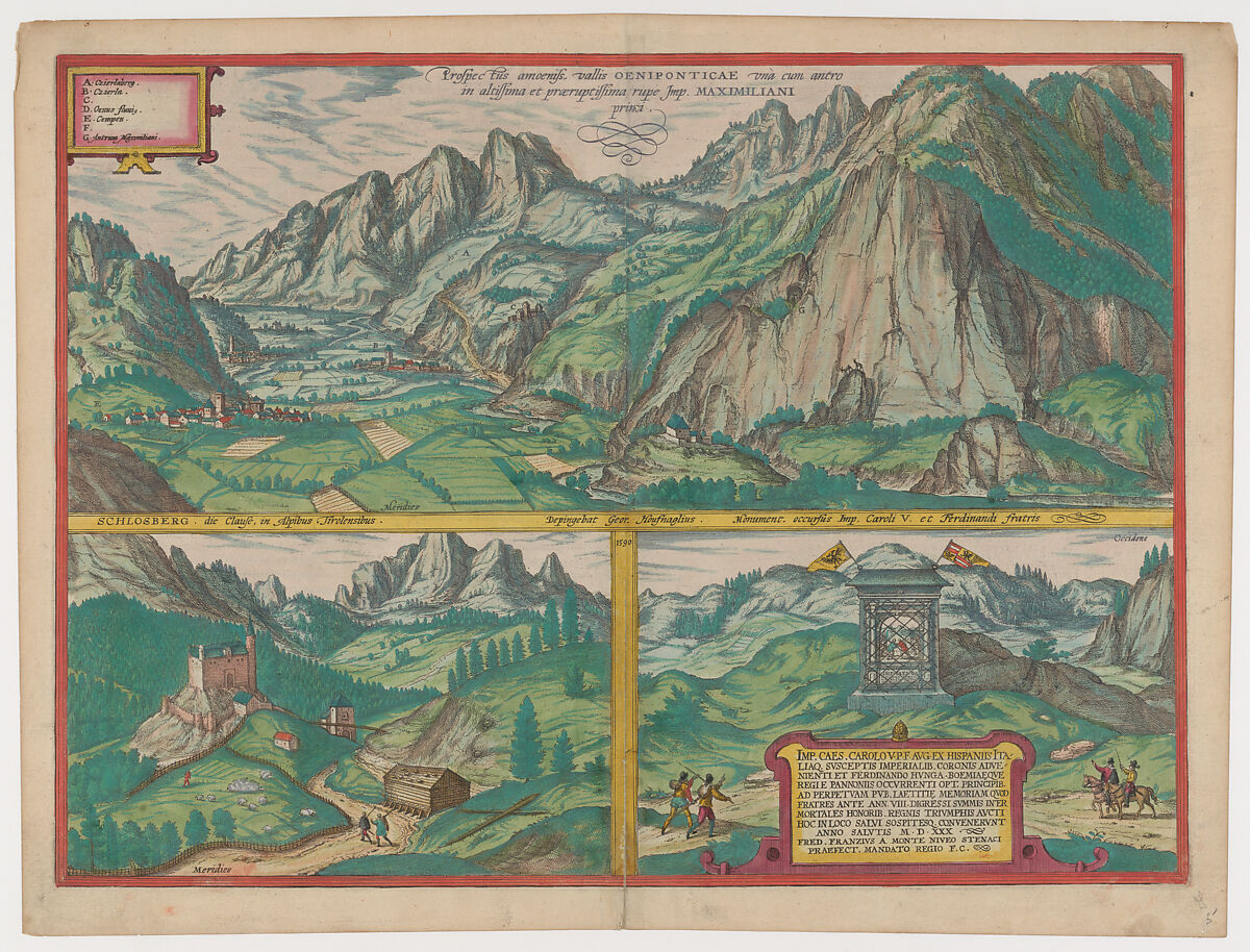 The Inn Valley from the series Civitates Orbis Terrarum, vol. V, plate 59, Simon Novellanus (Netherlandish, 16th century), Etching with hand coloring 