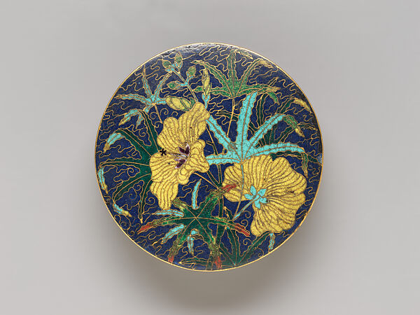 Covered box with hibiscus and grapevines, Cloisonné enamel, China