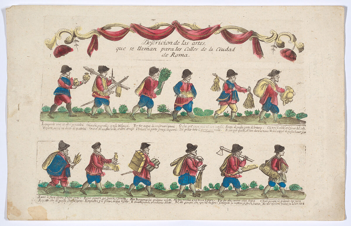 Title and plate 1 depicting the cries (trades) of Rome, here including vendors of goldfish, Milanese swords, hats etc, from the 'Descrición de las artes que se llaman para los calles de la ciudad de Roma', Remondini (Bassano, Italy), Engraving with hand coloring 