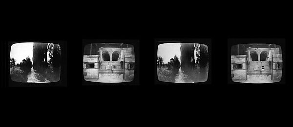 Dachau 1974, Beryl Korot (American, born New York 1945), Four-channel video installation, transferred from video tape, black-and-white, sound, 24 min. with photocopy (est.) on paper
