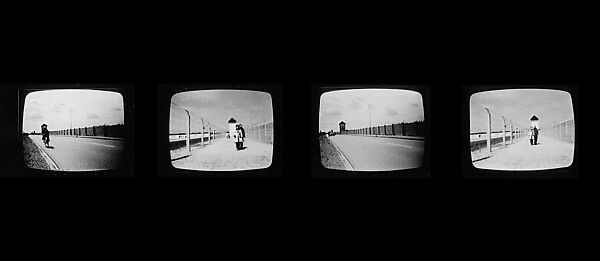 Dachau 1974, Beryl Korot (American, born New York 1945), Four-channel video installation, transferred from video tape, black-and-white, sound, 24 min. with printed pictogram 