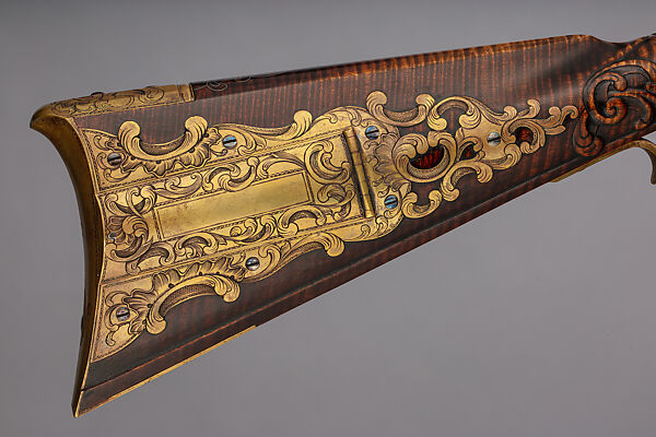 Flintlock Longrifle, Made and engraved by Judson J. Brennan (American, born Lansing, Michigan, 1955), Wood (sugar maple), steel, silver, gold, brass, American, Tenderfoot Hill, Alaska