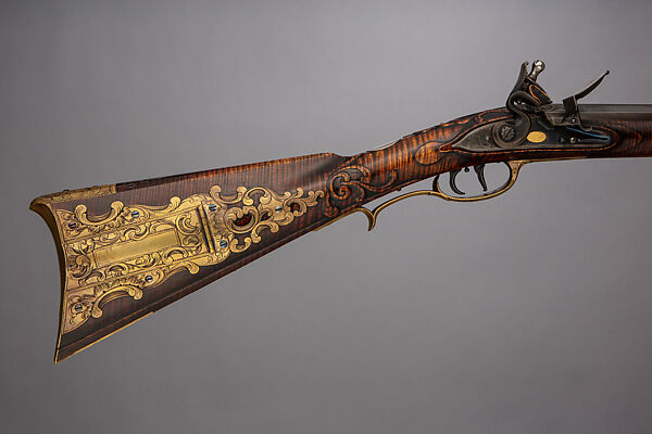 Flintlock Longrifle, Made and engraved by Judson J. Brennan (American, born Lansing, Michigan, 1955), Wood (sugar maple), steel, silver, gold, brass, American, Tenderfoot Hill, Alaska 