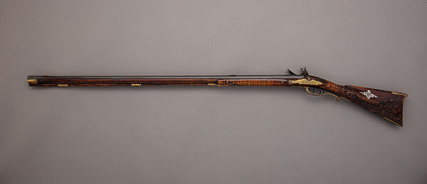 Flintlock Longrifle, Made and engraved by Judson J. Brennan (American, born Lansing, Michigan, 1955), Wood (sugar maple), steel, silver, gold, brass, American, Tenderfoot Hill, Alaska